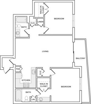 1127 square foot renovated two bedroom two bath apartment floorplan image