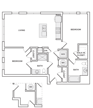 1065 square foot two bedroom two bath apartment floorplan image