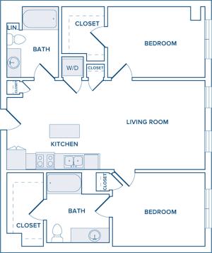 1065 square foot two bedroom two bath apartment floorplan image