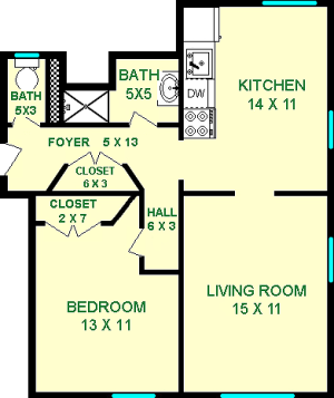 Woods One Bedroom Floorplan shows roughly 600 square feet with a kitchen, foyer, separate wash and commode rooms, a bedroom and living room.