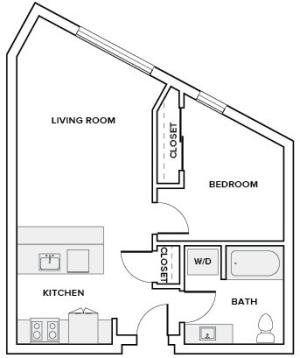 637 to 654 square foot one bedroom one bath apartment floor plan image in Redmond, WA