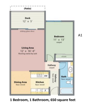1x1 650 SF Floorplan