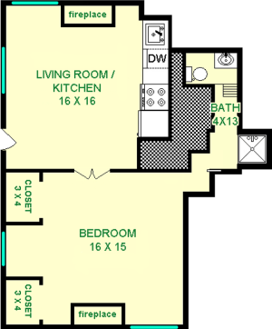 Bromelia one bedroom floorplan shows roughly 535 square feet, with a bedroom, living room/kitchen, bathroom and closets.
