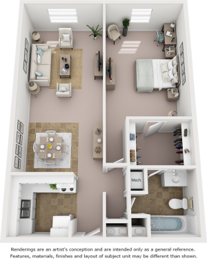 Azalea 1 Bedroom and 1 Bathroom Floor Plan with premium finishes and new cabinetry