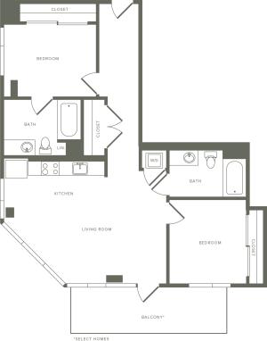 1,007-1,011 square foot two bedroom two bath apartment floorplan image