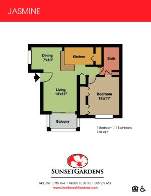 Jasmine one bedroom one bathroom floor plan