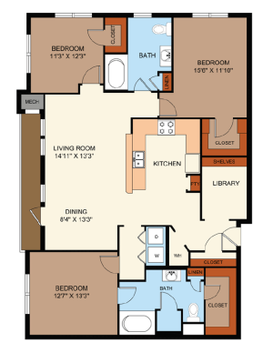 Three Bedroom/Two Bathroom Apartment with a library.