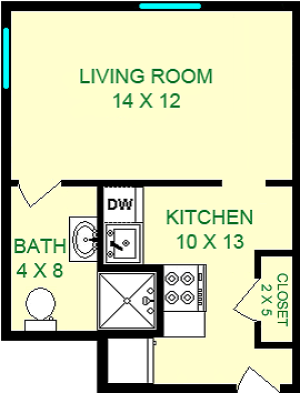 Tesla studio floorplan shows roughly 330 square feet, with a living room, bathroom, kitchen and closet.