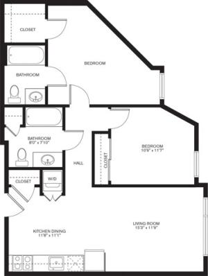 874 square foot two bedroom two bath apartment floorplan image
