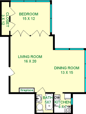 English one bedroom apartment shows roughly 810 square feet, with a bedroom, living room, bathroom dining room and kitchen.