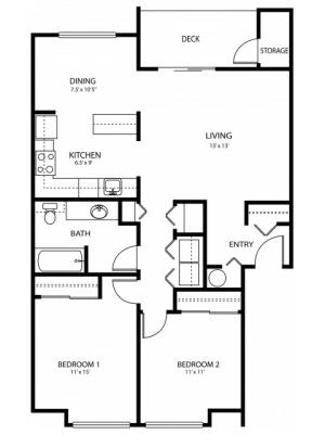 2 bedroom 1 bath, 958 sq ft
