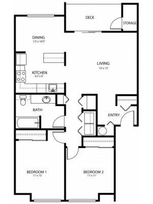 2 bedroom 1 bath, 958 sq ft