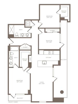 1458 square foot three bedroom two bath high-rise apartment floorplan image