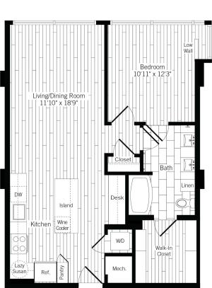 827 square foot one bedroom one bath with wood plank flooring throughout apartment floorplan image