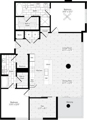1466 square foot two bedroom two bath apartment floorplan image