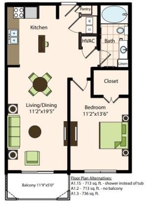A1.2 | 1x1 | 713 sq ft