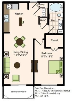 A1.1s | 1x1 | 713 sq ft