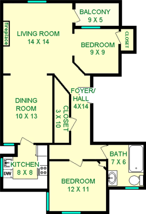 Two bedroom Locust Floorplan shows roughly 760 square feet, with two bedrooms, a bathroom, living room, dining room, kitchen and balcony.