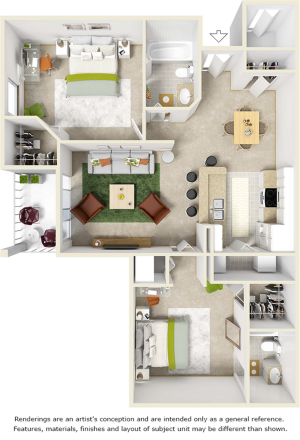 Laurel 2 bedrooms 2 bathrooms floor plan with quartz