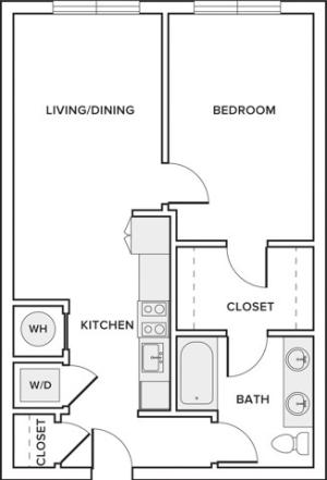 700 sqft one bedroom one bathroom apartment floorplan image