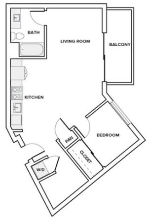 741 to 742 square foot one bedroom one bath with den apartment floor plan image in Redmond, WA