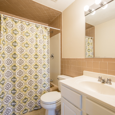 Bathroom with large mirror at Princeton Crossing |  Apartment for Rent in Salem, MA
