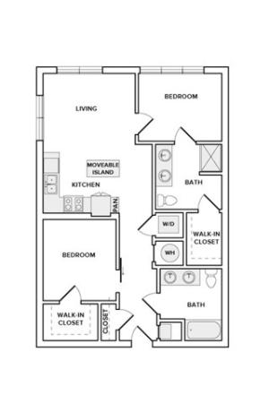 899 square foot two bedroom two bath apartment floorplan image