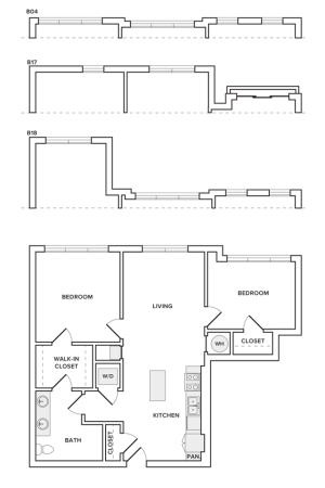 975 square foot two bedroom one bath apartment floorplan image