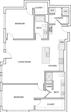 1433 square foot two bedroom two bath apartment floorplan image