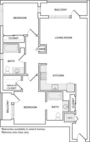 1027-1043 square foot two bedroom two bath apartment floorplan image