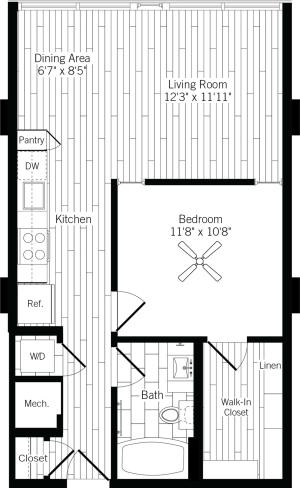 686 square foot one bedroom one bath apartment floorplan image