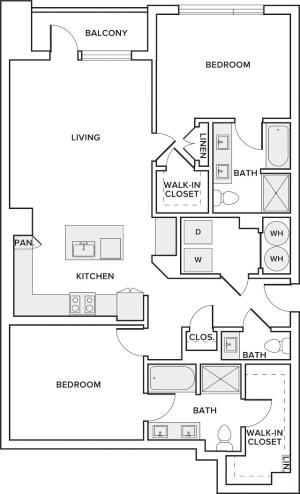 1,332 square foot two bedroom two and half bath floor plan image