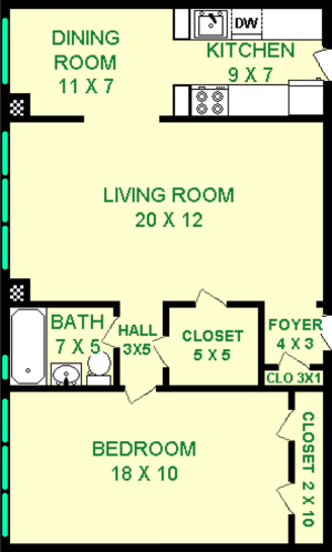 Faure one bedroom floorplan shows roughly 720 square feet, with a living room, bathroom, bedroom, bathroom, dining room, kitchen and closets. Unit is fully furnished.