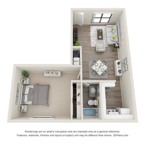 Delano floor plan with 1 bedroom, 1 bathroom, enhanced finishes and wood style floors