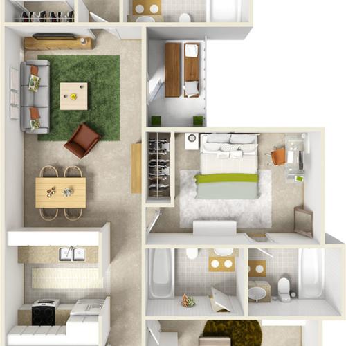 The Buccaneer Premium Suite 3 bedrooms 3 bathrooms floor plan with quartz countertops