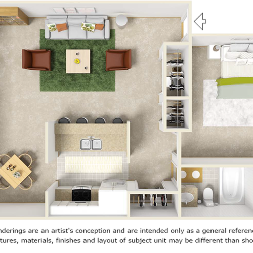 Songbird 1 bedroom 1 bathroom floor plan