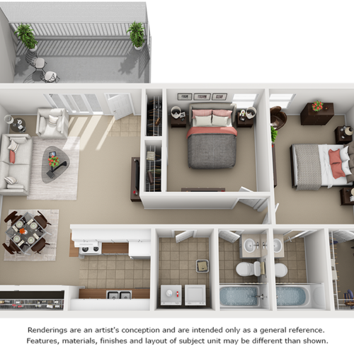 Tranquility 2 bedrooms 2 bathrooms floor plan.