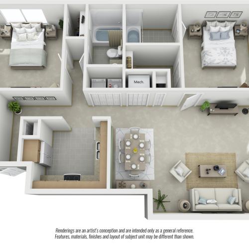 Chestnut 2 bedrooms 2 bathrooms floor plan with premium finishes