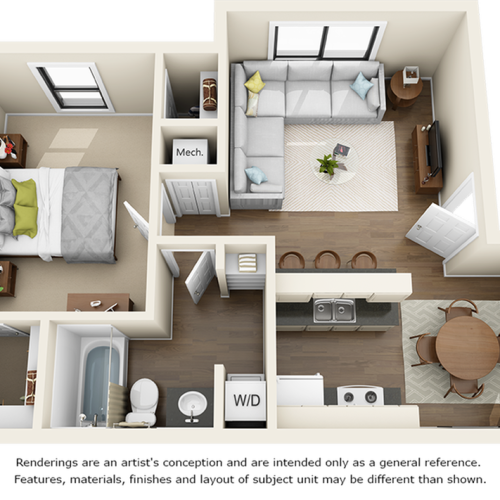 Dogwood 1 bedroom 1 bathroom floor plan with premium finishes and granite countertops