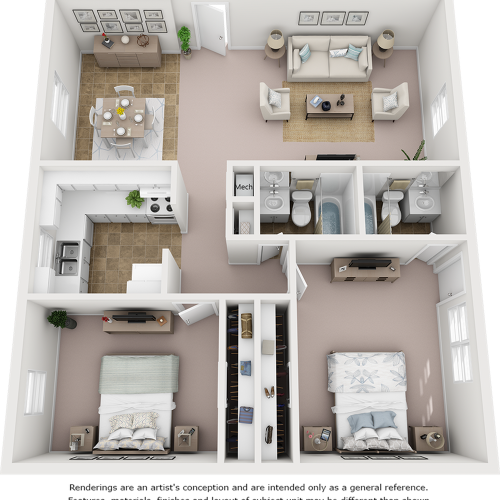 Windmill floor plan with 2 bedrooms, 2 bathroom and enhanced finishes