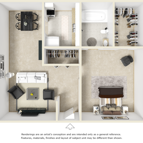 Village West 1 bedroom and 1 bathroom floor plan