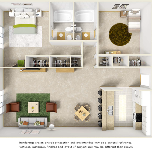 Bluegill floor plan with 2 bedrooms, 2 bathrooms, washer and dryer