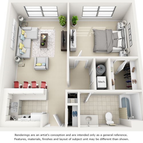 Holly 1 Bedroom and 1 Bathroom Floor Plan