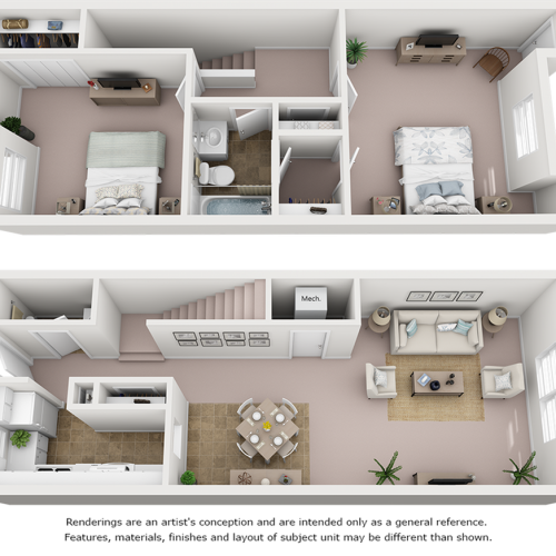 Oak floor plan with 2 bedrooms, 1.5 bathrooms, premium finishes and new cabinetry