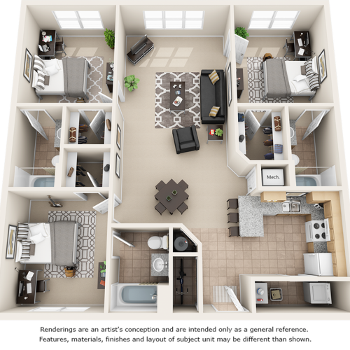 Crescent 3 bedrooms 3 bathrooms floor plan.