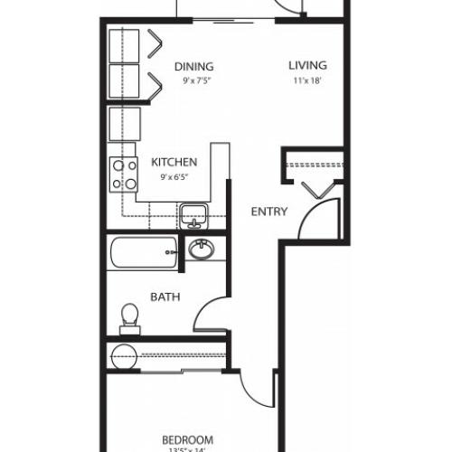 1 bed 1 bath, 562 sq ft