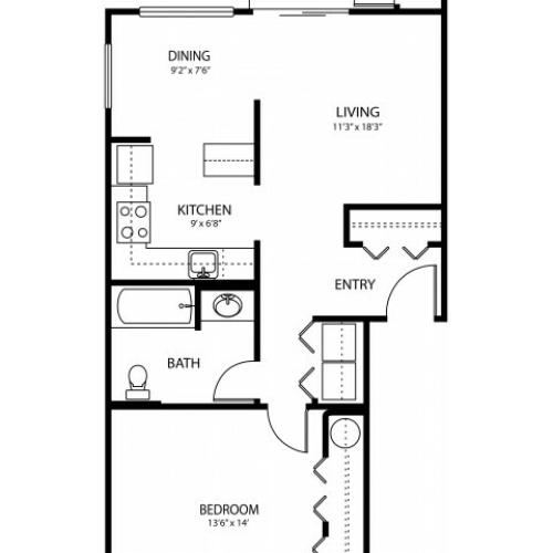 1 bedroom 1 bath, 720 sq ft