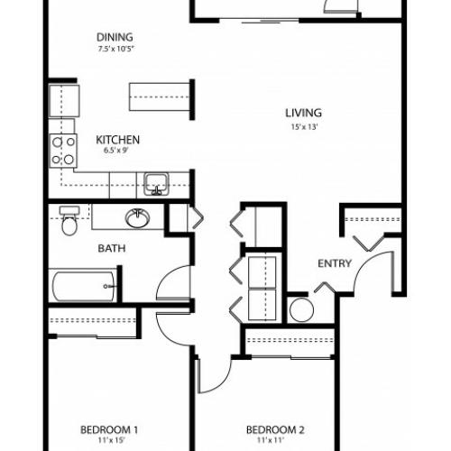 2 bedroom 1 bath, 958 sq ft