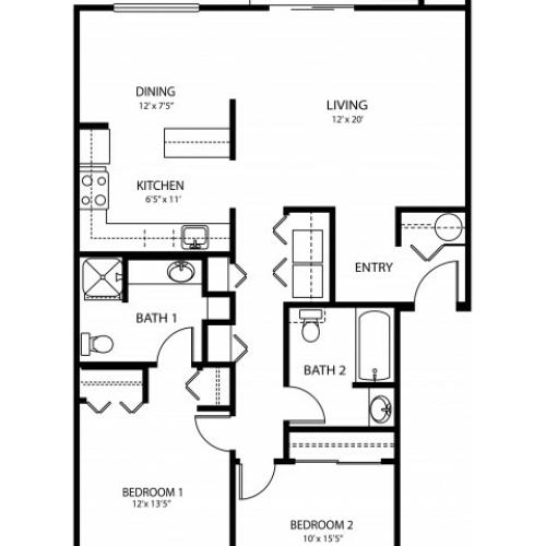 2 bedroom 2 bath, 1085 sq ft