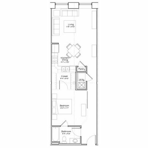 1X1-A6 Floor Plan | 1 Bedroom with 1 Bath | 694 Square Feet | Alpha Mill | Apartment Homes